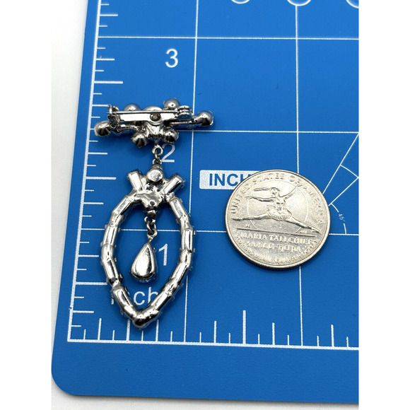 VTG Rhinestone Brooch Dangle Teardrops Silver Tone Sparkles - Picture 7 of 10